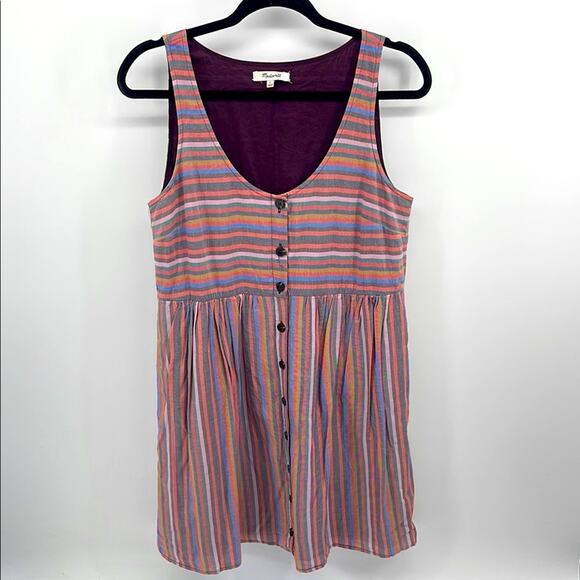 Madewell cotton striped scoop neck button up sleeveless tank fit & flare dress M - Picture 1 of 6